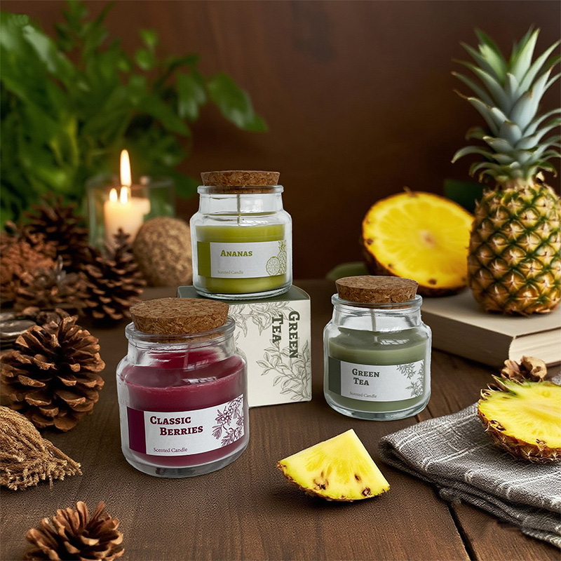 Fruit-Scented Soy Wax Candle in Glass Jar with Cork Stopper – Custom Logo