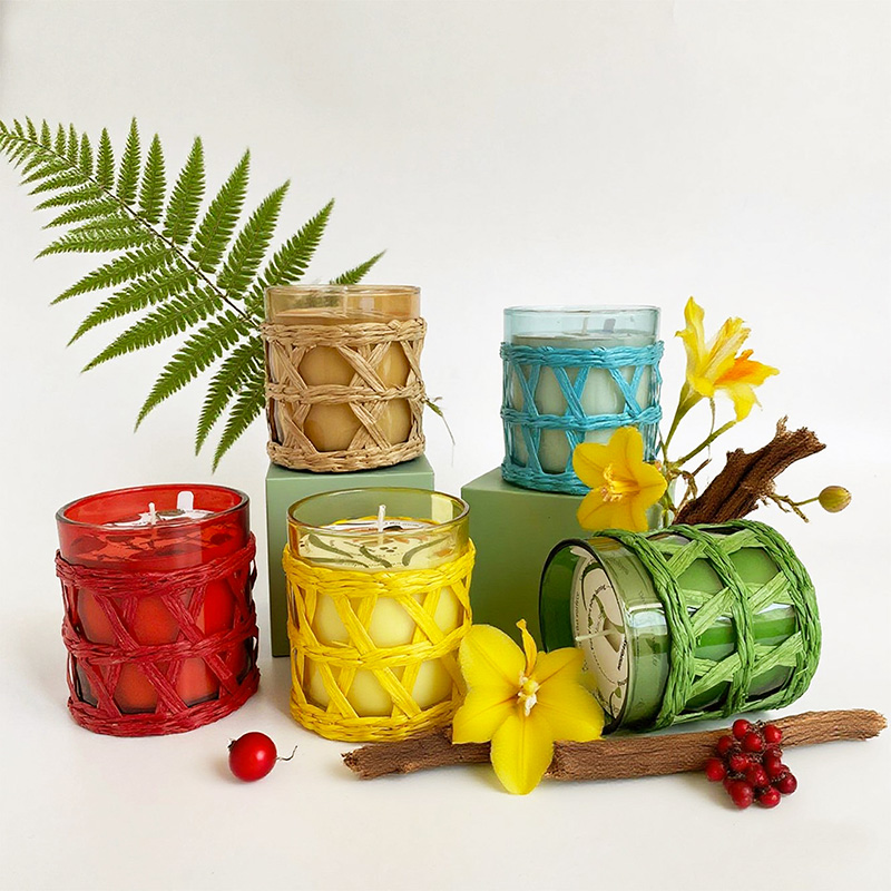 Colorful Glass Jar Soy Wax Scented Candle with Woven Rattan