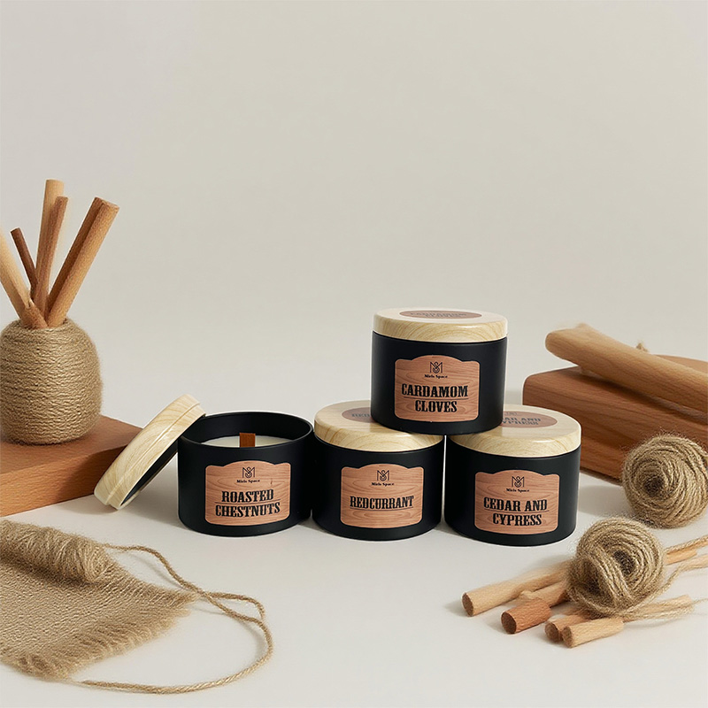 Black Wooden Lid Wood Grain Label Scented Candle Private Custom LOGO