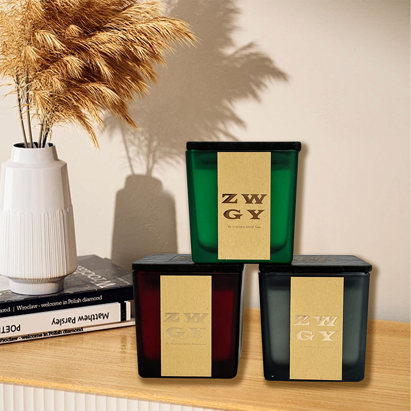 Square Carved Wooden Lid Jar Scented Candle Custom Logo