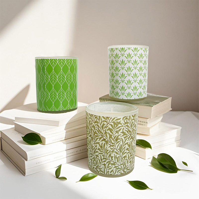 Fresh Green Leaf Patterned Glass Cup Soy Wax Scented Candle – Custom Logo