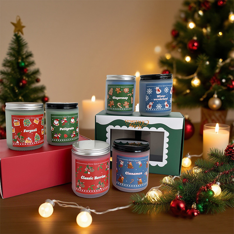 Christmas Frosted Colorful Label Cute Scented Candle Set Festive Ambiance Soy Wax